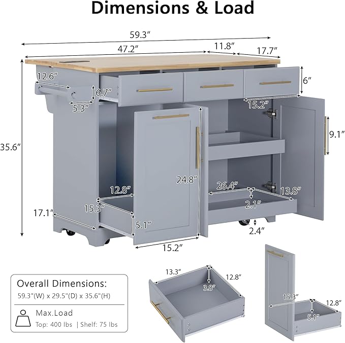 59.3" Kitchen Island with 2 Pull Out Cabinet Organizers & Rubber Wood Drop Leaf, Rolling Kitchen Island with Trash Can Storage, Power Outlet, Spice & Towel Rack for Kitchen, Dining, Grey Blue