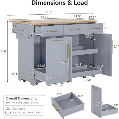 59.3" Kitchen Island with 2 Pull Out Cabinet Organizers & Rubber Wood Drop Leaf, Rolling Kitchen Island with Trash Can Storage, Power Outlet, Spice & Towel Rack for Kitchen, Dining, Grey Blue