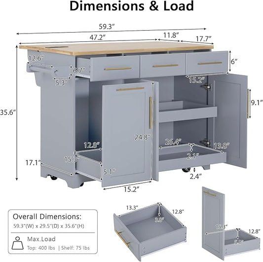 59.3" Kitchen Island with 2 Pull Out Cabinet Organizers & Rubber Wood Drop Leaf, Rolling Kitchen Island with Trash Can Storage, Power Outlet, Spice & Towel Rack for Kitchen, Dining, Grey Blue