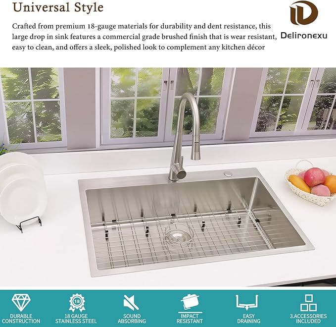 33x22 Drop In Kitchen Sink, Delironexu 18 Gauge 304 Stainless Steel Single Bowl Kitchen Sink, 33 Inch Top Mount Kitchen Sink, Kitchen Sink 33x22 Drop In with Bottom Grid & Drain Assembly