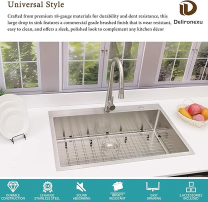 33x22 Drop In Kitchen Sink, Delironexu 18 Gauge 304 Stainless Steel Single Bowl Kitchen Sink, 33 Inch Top Mount Kitchen Sink, Kitchen Sink 33x22 Drop In with Bottom Grid & Drain Assembly