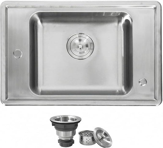 MILOSEN 25''x17'' RV Kitchen Sink, T304 Stainless Steel Drop In Top Mount Camper Sink, Single Bowl Basin with Pre-Drilled Holes & Strainer, 4" Deep Anti-Splash Sink for Mobile Building