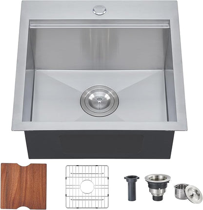 KINGO HOME 18" Drop in Workstation Bar Sink, 18" x 18" x 9" Single Bowl Small Kitchen Camper Sink,304 Stainless Steel Topmount Outdoor Wet Bar Sinks Prep Sinks