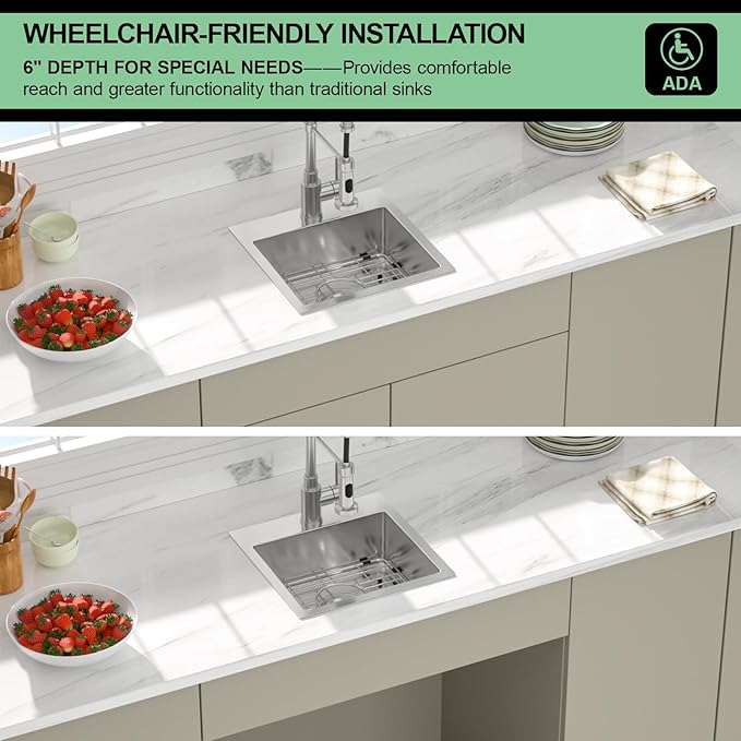 15 Inch Drop In Kitchen Sink - Beslend ADA 6 Inch Depth 15x15 Drop In Square Sinks Topmount Stainless Steel 16 Gauge Mobility Friendly Sink for Wheelchair Accessible & Accessible Design Kitchen