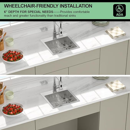 15 Inch Drop In Kitchen Sink - Beslend ADA 6 Inch Depth 15x15 Drop In Square Sinks Topmount Stainless Steel 16 Gauge Mobility Friendly Sink for Wheelchair Accessible & Accessible Design Kitchen