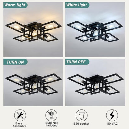 ZGLAOJT Black Industrial Semi Flush Mount Ceiling Light 5-Light Kitchen Light Fixtures Modern Large Matte Sputnik Chandelier for Dining Room Bedroom Farmhouse Living Room