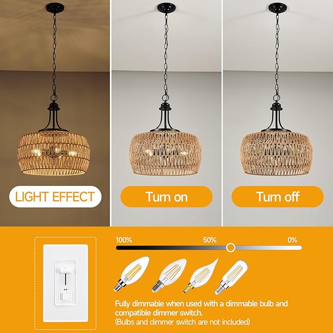 18“ Large Rattan Light Fixture, Rattan Chandeliers for Dining Room, 5-Light Boho Fixture with Twine Making Lampshade, Adjustable Height, Chandelier for Kitchen, Bedroom(Brown)
