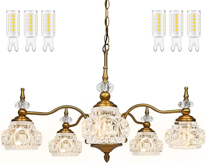 Montex Brass Pendant Light Fixture, Gold Vintage Chandelier Light Fixture 5 Lights, Include 6 Light Bulbs Glass Pendant Light Crystal Hanging Light