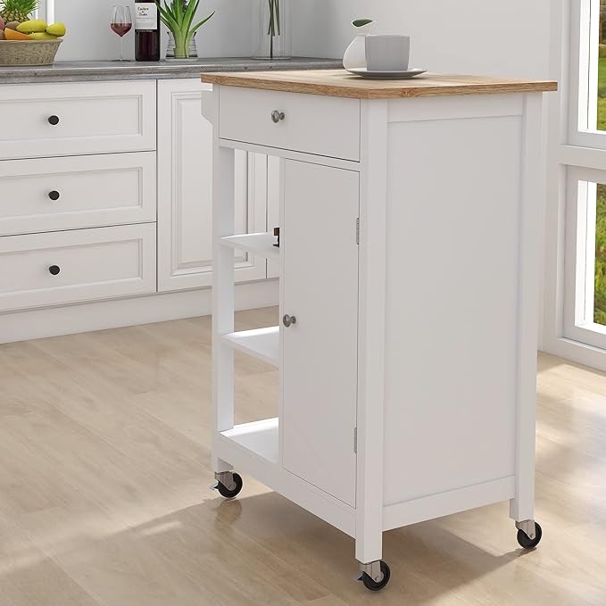 Modern Dining Table Kitchen Island Rolling Trolley Cart with Shelves, Drawer, Doors, Towel Rack & Seasoning Rack - Rubber Wood Table Top for Dining Room,White-MDF