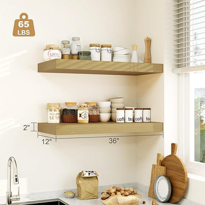 Heimlove 12" Deep Oak Floating Shelves,Over Toilet Long Wall Mounted Modern Farmhouse 36 inches,Wall Shelves with Invisible Brackets for Bedroom, Bathroom, Living Room, Kitchen, Set of 1