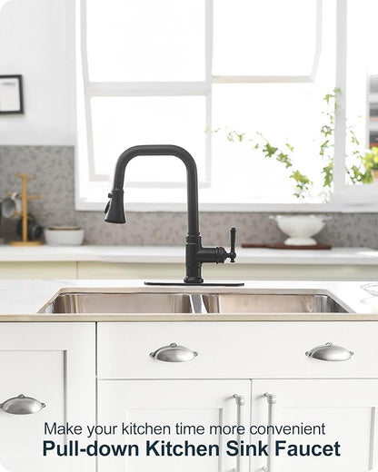 3 Function Black Kitchen Sink Faucet, 360 Degree Swivel Kitchen Faucets with Pull Down Sprayer, Single Handle with Deck Plate for 1 or 3 Hole, Stainless Steel