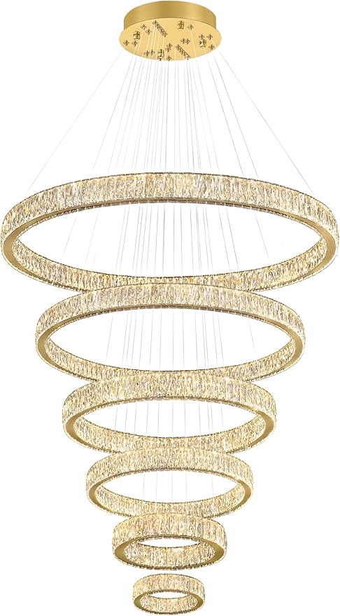 Extra Large Ring Chandelier Modern LED Gold 6 Ring Chandelier for High Ceiling Long Stair Crystal Chandeliers D8+15.7"+23.6"+31.5"+39.4"+47.5"