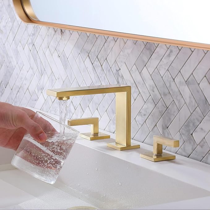 VCCUCINE 8 Inch Gold Bathroom Faucet, Modern Commercial 2 Handle 3 Holes Brushed Gold Widespread Bathroom Brass Lavatory Vanity Sink Faucet with Water Supply Lines