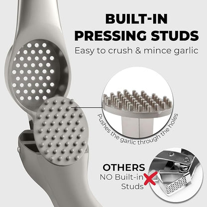 Zulay Kitchen Premium Garlic Press Set – Rust Proof & Dishwasher Safe Garlic Mincer Tool with Silicone Garlic Peeler & Brush, Easy Squeeze & Clean, Ergonomic Soft Grip Handle - Medium – Silver