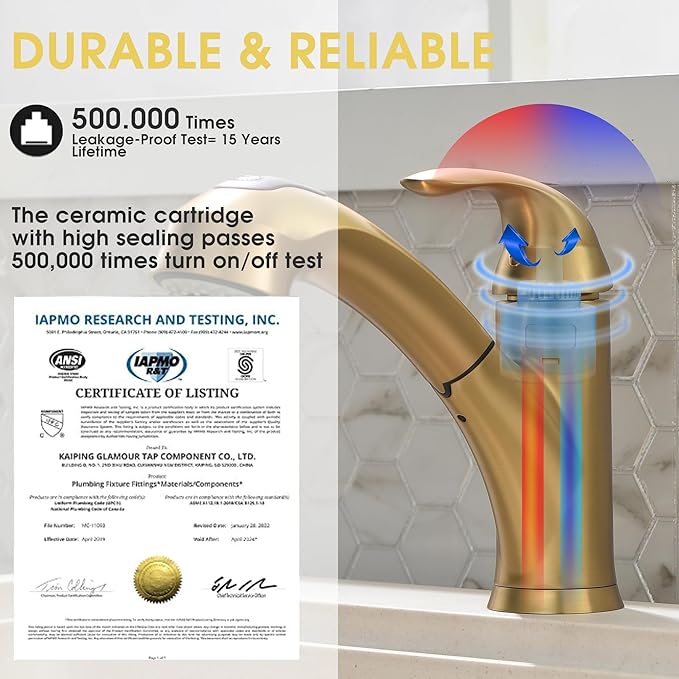 Gold Kitchen Faucet with Sprayer - Matte Brushed Gold Kitchen Sink Faucets with Pull Out Sprayer, Single Handle 1 Hole Faucet Solid Brass Commercial RV Faucets 2 Modes 150°Rotation No Lead