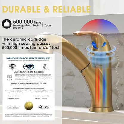 Gold Kitchen Faucet with Sprayer - Matte Brushed Gold Kitchen Sink Faucets with Pull Out Sprayer, Single Handle 1 Hole Faucet Solid Brass Commercial RV Faucets 2 Modes 150°Rotation No Lead