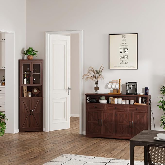 51" Dark Brown Buffet Sideboard Cabinet, Farmhouse Storage Cabinet Kitchen Pantry with Shelf and Drawers, Wood Cupboard Hutch Cabinet, Coffee Bar Station Table for Kitchen, Living Room, Dining Room