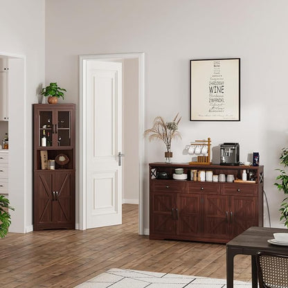 51" Dark Brown Buffet Sideboard Cabinet, Farmhouse Storage Cabinet Kitchen Pantry with Shelf and Drawers, Wood Cupboard Hutch Cabinet, Coffee Bar Station Table for Kitchen, Living Room, Dining Room