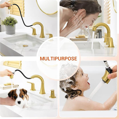 Gold Bathroom Faucet with Sprayer - Brushed Gold Faucets for Sink 3 Holes, Bathroom Pull Down Faucet, 2 Handles 8 Inch Widespread Vanity Faucet with Pull Out Sprayer & Pop-up Drain