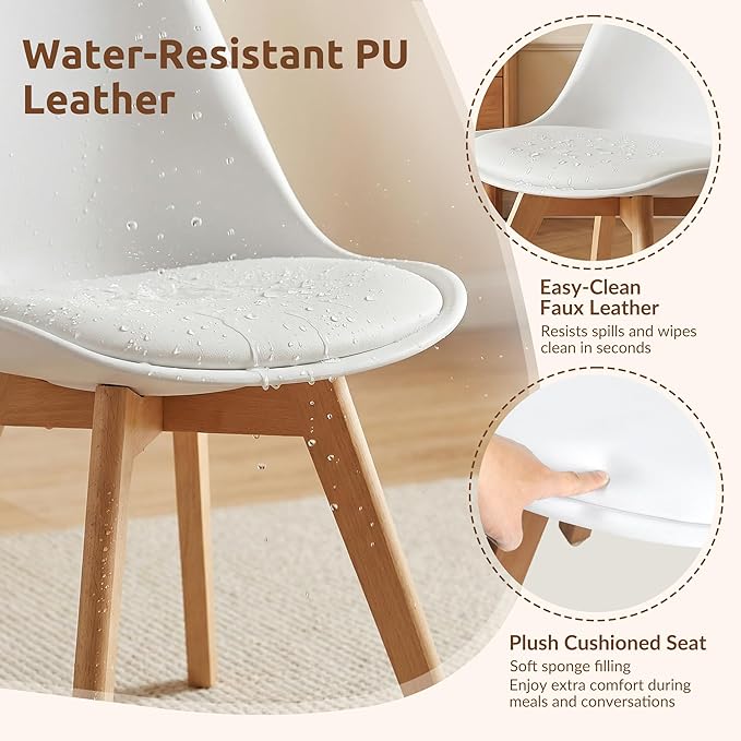 Dining Chairs Set of 8, Modern Upholstered Dining Room Chairs with PU Leather Padded Seat, Armless Kitchen Chairs with Curved Backrest and Solid Wood Legs for Dining Room, Kitchen, Apartment, White