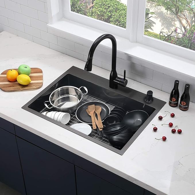 Friho 33x22 Inch Drop in Kitchen Sink Black,16 Gauge Handmade Gunmetal Black Stainless Steel Sink, Topmount Large Single Bowl Basin with Basket Strainer and Dish Grid