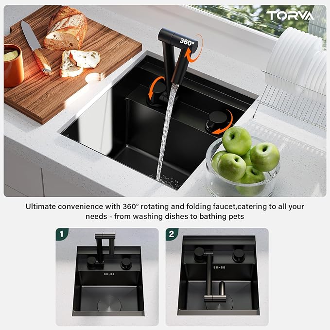 TORVA RV Kitchen Sink, 13 x 15 x 9 Inch Undermount Bar Sink Premium Stainless Steel Single Bowl Sink with Faucet, Dark Grey