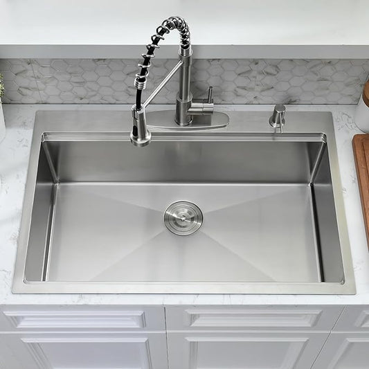33 x 22 Drop In Kitchen Sink with Faucet Combo - 33x22 Drop In Sink and Faucet Combo Set,Stainless Steel 10 Inch Deep Single Bowl Workstation Sinks with Accessories