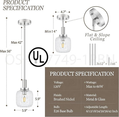 Brushed Nickel Pendant Lights Kitchen Island, 1-Light 5.9" Modern Glass Pendant Light with Clear Glass and Rods, Mini Hanging Lighting for Kitchen Sink Bathroom Bedroom, OS-YQ7749-1PBN