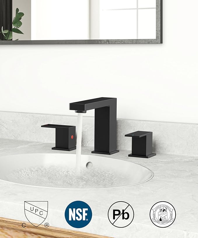 QFN Lead-Free Matte Black Bathroom Faucet 3 Hole, Square Bathroom Sink Faucet 8 Inch Widespread, 2 Handle for 4"-12" Vanity Sink with Metal Pop Up Drain and 24" cUPC Supply Hoses