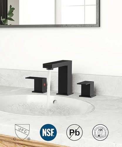 QFN Lead-Free Matte Black Bathroom Faucet 3 Hole, Square Bathroom Sink Faucet 8 Inch Widespread, 2 Handle for 4"-12" Vanity Sink with Metal Pop Up Drain and 24" cUPC Supply Hoses