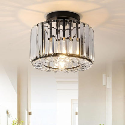 Black Crystal Semi Flush Mount Ceiling Light, Modern Chandelier, 9.06" Diameter, 7.28" Height, Bedroom, Dining Room, Kitchen
