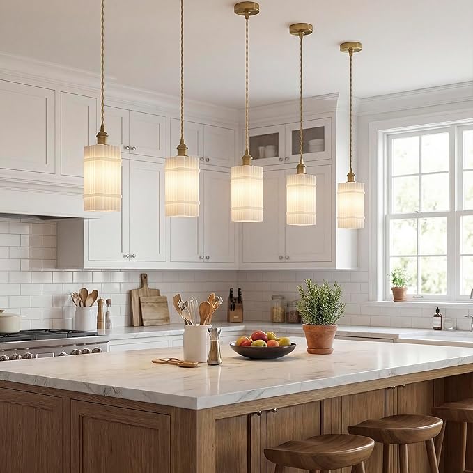 Milk Glass Striped Kitchen Island Pendant Light, Vintage Dining Room Light Fixture - Adjustable Hanging Light for Dining Room, Bedside, Vanity Area, Hallway & Entryway