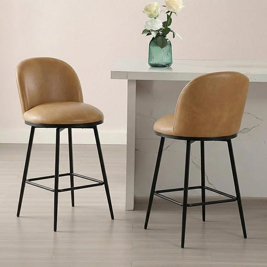 KISLOT Counter Height Swivel Bar Stools Set of 2, 26" Upholstered Faux Leather Barstools with Backs and Metal Legs for Kitchen Island,Brown