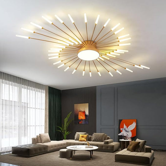 JAYMP 50.4" Ceiling Light Modern Flower Shape Ceiling Lamp for Living Room Dining Room Flush Mount Metal Acrylic Sputnik Firework Petal LED Lighting Fixture (Matte Gold, 42+1 Lights)