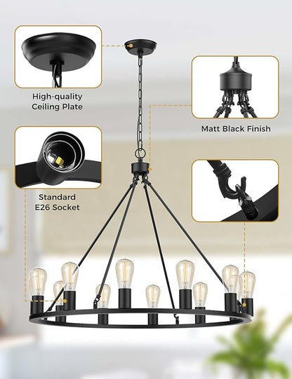 L LOHAS LED Black Farmhouse Chandeliers for Dining Room, 12-Light Wagon Wheel Chandelier Over Table, Height Adjustable, 32" Dining Room Light Fixture, Modern Chandelier for Kitchen Island Living Room