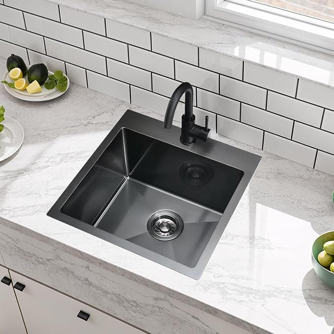 VCCUCINE 18x18 Inch Gunmetal Black Bar Sink Drop in,18 Inch Topmount RV Small Kitchen Sink, Handmade Stainless Steel Wet Bar Sink, Outdoor Single Bowl Prep Sink with Drain