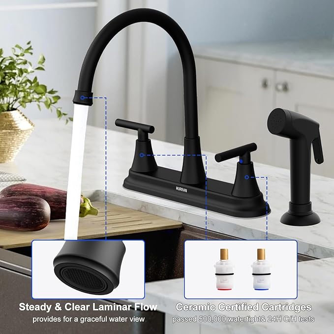 HURRAN 2-Handle Kitchen Faucet with Pull-Out Side Sprayer, 8 Inch High Arch Stainless Steel 360°Rotating Kitchen Sink Faucet, 4 Hole Faucet for Kitchen Bar Rv Camper, Black