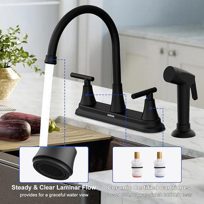 HURRAN 2-Handle Kitchen Faucet with Pull-Out Side Sprayer, 8 Inch High Arch Stainless Steel 360°Rotating Kitchen Sink Faucet, 4 Hole Faucet for Kitchen Bar Rv Camper, Black