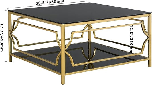 Harper & Bright Designs Square Glass Coffee Table in 33.5",Luxurious Geometric Metal Frame,Gold Finish & Lower Shelf
