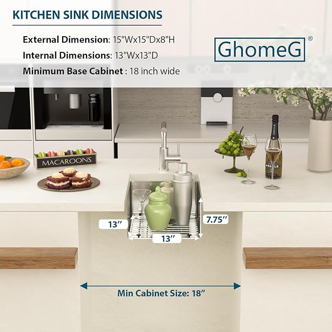 15 Undermount Kitchen Sink 15"x18"x8" Single Bowl 16 Gauge Stainless Steel Under Counter Single Bowl Kitchen Sinks Basin with Drain Strainer