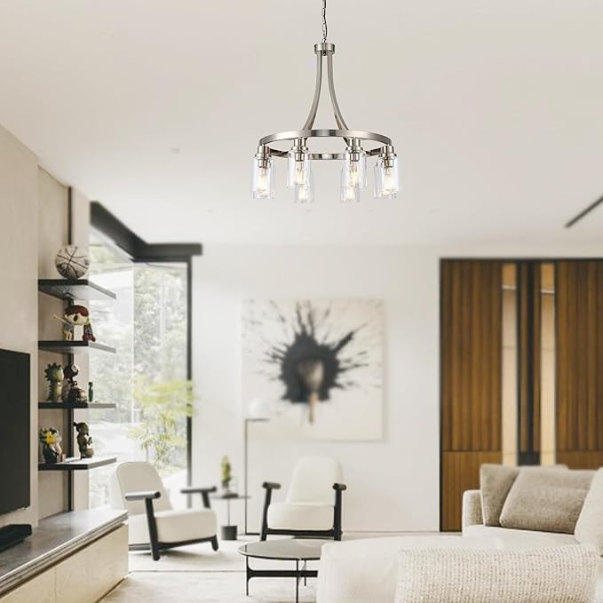 Dining Room Lighting Fixtures Hanging, Brushed Nickel for Kitchen Dining Room Living Room Kitchen Island Linear Pendant 8 Light Chandeliers with Clear Glass Shades