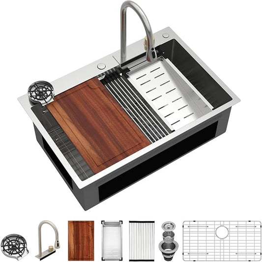 Logmey 33x22 Waterfall Kitchen Sink with faucet Combo Cup Washer Workstation Luxury Sinks 33 Inch Drop In Kitchen Sink Stainless Steel 16 Gauge Single Bowl Topmount Sinks 33x22x9
