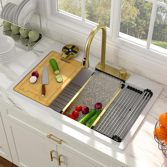33x22 Drop In Waterfall Kitchen Sink White Granite Composite Smart Kitchen Sink Multifunction Single Bowl Top Mount White Multifunctional Waterfall Smart Sinks with Faucet Combo Glass Rinser