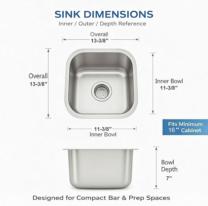ORLANDO 13x13 inch Undermount Bar Sink – 18 Gauge 304 Stainless Steel Single Bowl small Kitchen Sink with Basket Strainer for Wet Bar, RV & Kitchen Island