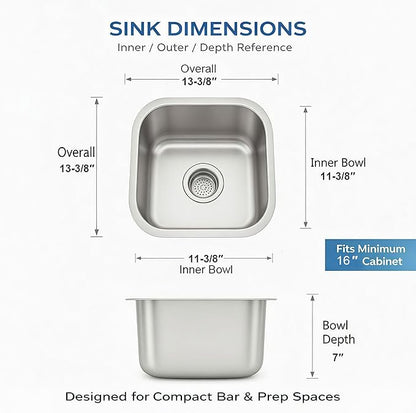 ORLANDO 13x13 inch Undermount Bar Sink – 18 Gauge 304 Stainless Steel Single Bowl small Kitchen Sink with Basket Strainer for Wet Bar, RV & Kitchen Island