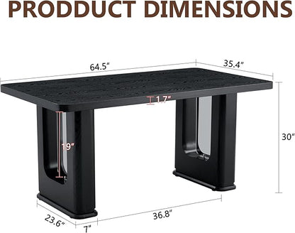 64.5 x 35.4 Inch Modern Black Wood Textured Dining Table with Glass Accent, MDF Top, Anti-Slip Feet for Kitchen, Studio, Family Gatherings