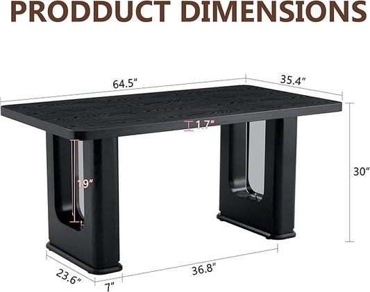 64.5 x 35.4 Inch Modern Black Wood Textured Dining Table with Glass Accent, MDF Top, Anti-Slip Feet for Kitchen, Studio, Family Gatherings