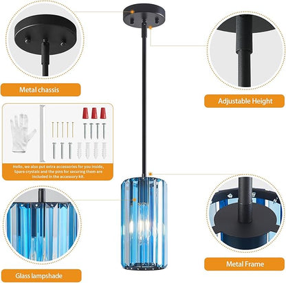 Modern Crystal Pendant Light Mini Light Blue Chandeliers Adjustable Pendant Lights Fixture for Kitchen Island Dinning Room Corridor Bedroom(Light Blue 2-Pack)
