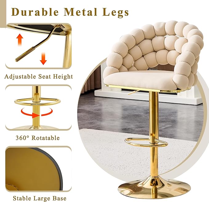 Set of 2 Beige Puffy Bubble Chair Ball Chain Chair Velvet Bar Stools with Gold Legs, Tufted Adjustable Bar Chairs for Kitchen Island Home Bar