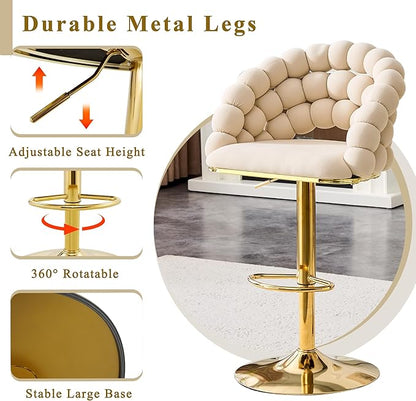 Set of 2 Beige Puffy Bubble Chair Ball Chain Chair Velvet Bar Stools with Gold Legs, Tufted Adjustable Bar Chairs for Kitchen Island Home Bar